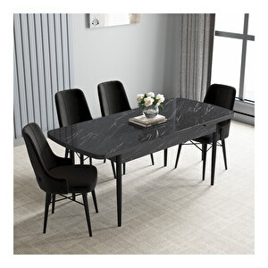 Loft Siyah Mermer Desen 80x132 Mdf Açılabilir Mutfak Masası Takımı 4 Adet Sandalye Siyah