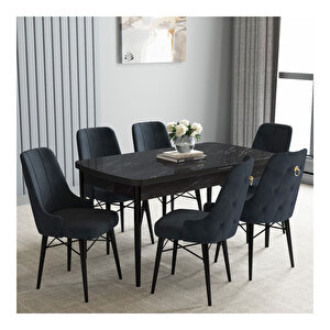 Loft Siyah Mermer Desen 80x132 Mdf Açılabilir Mutfak Masası Takımı 6 Adet Sandalye Antrasit