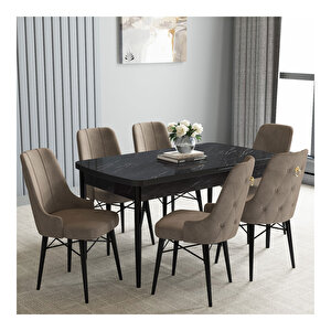Loft Siyah Mermer Desen 80x132 Mdf Açılabilir Mutfak Masası Takımı 6 Adet Sandalye Cappucino