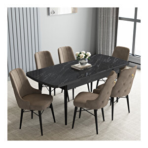 Loft Siyah Mermer Desen 80x132 Mdf Açılabilir Mutfak Masası Takımı 6 Adet Sandalye