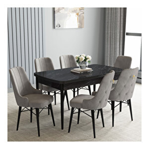 Loft Siyah Mermer Desen 80x132 Mdf Açılabilir Mutfak Masası Takımı 6 Adet Sandalye Gri