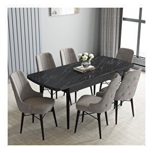 Loft Siyah Mermer Desen 80x132 Mdf Açılabilir Mutfak Masası Takımı 6 Adet Sandalye Gri