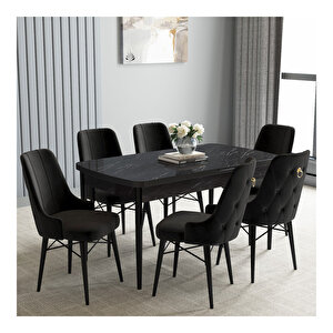 Loft Siyah Mermer Desen 80x132 Mdf Açılabilir Mutfak Masası Takımı 6 Adet Sandalye Siyah