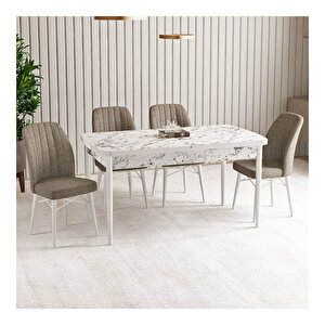 Vien Beyaz Mermer Desen 80x132 Mdf Açılabilir Mutfak Masası Takımı 4 Adet Sandalye Cappucino