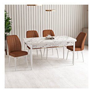 Vien Beyaz Mermer Desen 80x132 Mdf Açılabilir Mutfak Masası Takımı 4 Adet Sandalye Kiremit