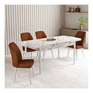 Vien Beyaz Mermer Desen 80x132 Mdf Açılabilir Mutfak Masası Takımı 4 Adet Sandalye Kiremit