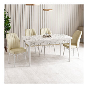 Vien Beyaz Mermer Desen 80x132 Mdf Açılabilir Mutfak Masası Takımı 4 Adet Sandalye Krem