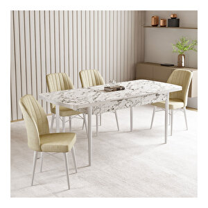 Vien Beyaz Mermer Desen 80x132 Mdf Açılabilir Mutfak Masası Takımı 4 Adet Sandalye Krem
