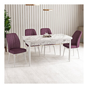 Vien Beyaz Mermer Desen 80x132 Mdf Açılabilir Mutfak Masası Takımı 4 Adet Sandalye Gül Kurusu