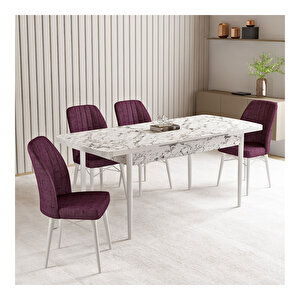 Vien Beyaz Mermer Desen 80x132 Mdf Açılabilir Mutfak Masası Takımı 4 Adet Sandalye Gül Kurusu