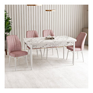 Vien Beyaz Mermer Desen 80x132 Mdf Açılabilir Mutfak Masası Takımı 4 Adet Sandalye Pembe