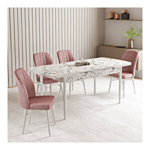 Vien Beyaz Mermer Desen 80x132 Mdf Açılabilir Mutfak Masası Takımı 4 Adet Sandalye Pembe