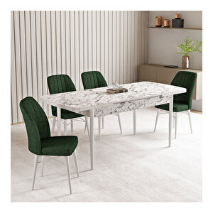 Vien Beyaz Mermer Desen 80x132 Mdf Açılabilir Mutfak Masası Takımı 4 Adet Sandalye Haki