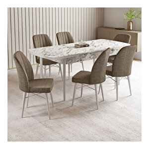 Vien Beyaz Mermer Desen 80x132 Mdf Açılabilir Mutfak Masası Takımı 6 Adet Sandalye Cappucino