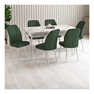 Vien Beyaz Mermer Desen 80x132 Mdf Açılabilir Mutfak Masası Takımı 6 Adet Sandalye Haki