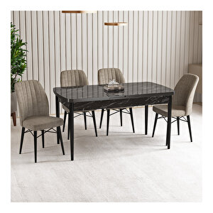 Vien Siyah Mermer Desen 80x132 Mdf Açılabilir Mutfak Masası Takımı 4 Adet Sandalye Cappucino