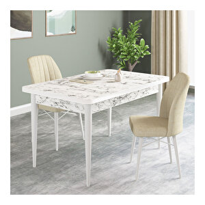 Pista Beyaz Mermer Desen 70x110 Sabit Mdf  Mutfak Masası Takımı 2 Adet Sandalye Krem