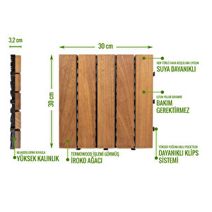 İroko Ağacı Ahşap Yer Döşemesi Karo Deck 30x30 Cm–10 Adet 0,9m2