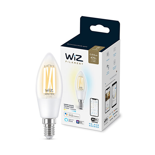 Philips
    WiZ Wi-Fi BLE Filament Şeffaf Cam Beyaz Ambiyans 2700K-6500K  4,9 - 40W C35 E14 İnce Duy 1PF/6 Akıllık Ampul_1