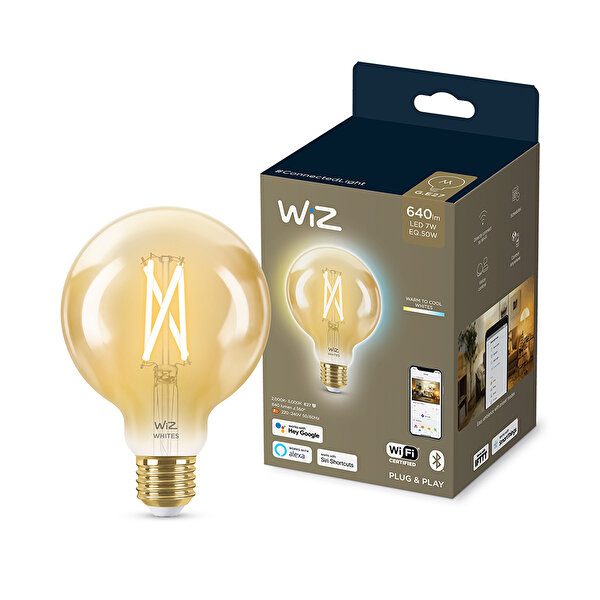 Philips
    WiZ Wi-Fi BLE Filament Amber Cam Beyaz Ambiyans 2000K - 5000K 7 - 50W G95 Globe Tip E27 1PF/6 Akıllı Ampul_1