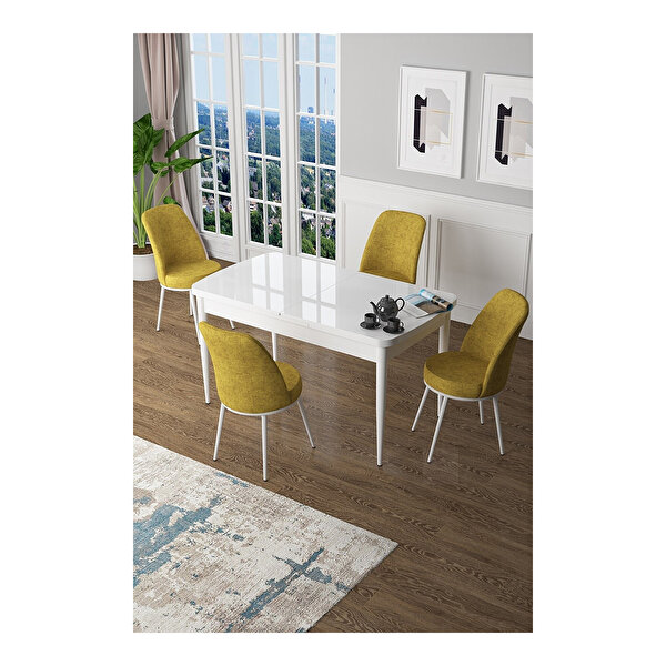 Canisa Zen Serisi Beyaz Masa Mdf 80x132 Açılabilir Mutfak Masası Takımı 4 Sandalye Hardal