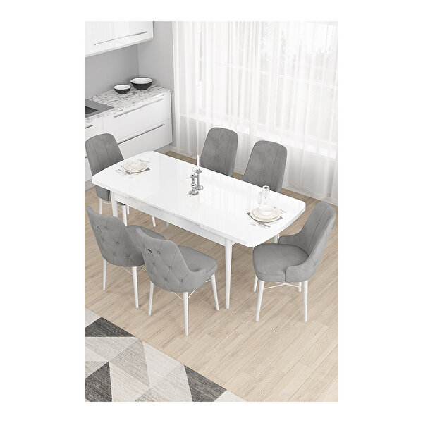 Canisa Taç Serisi Beyaz Mutfak Masa Takımı 80x132 Açılabilir 6 Sandalye Gümüş Halkalı Gri