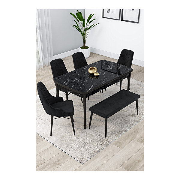 Canisa Lia Serisi 80x132 Açılabilir Siyah Mermer Desen mutfak Masası Takımı 4 Sandalye Ve 1 Bench Siyah
