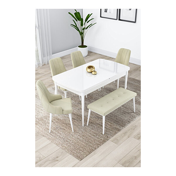 Canisa Lia Serisi 80x132 Açılabilir Beyaz Masa Mutfak Masası Takımı 4 Sandalye Ve 1 Bench Krem