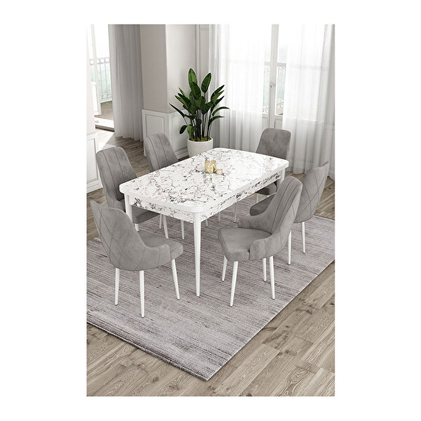 Canisa Ram Serisi 80x132 Açılabilir Beyaz Mermer Desen mutfak Masası Takımı 6 Sandalye Gri
