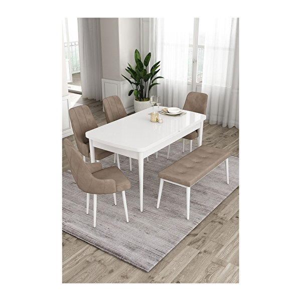 Canisa Ram Serisi 80x132 Açılabilir Beyaz Masa Mutfak Masası Takımı 4 Sandalye Ve 1 Bench Cappucino