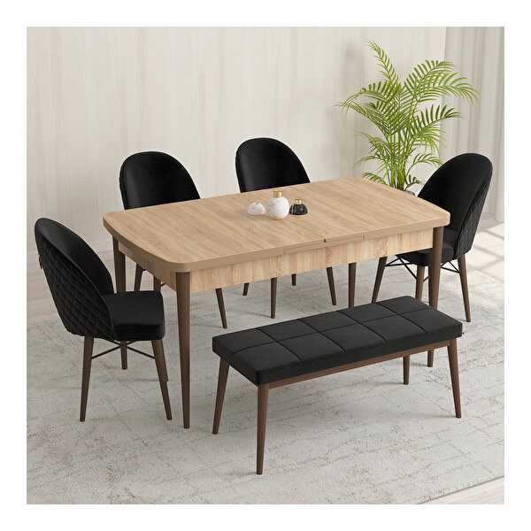 Rovena Marsilya Meşe Desen 80x132 Mdf Açılabilir Mutfak Masası Takımı 4 Sandalye 1 Bench Siyah