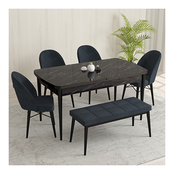 Rovena Marsilya Siyah Mermer Desen 80x132 Mdf Açılabilir Mutfak Masası Takımı 4 Sandalye 1 Bench Antrasit