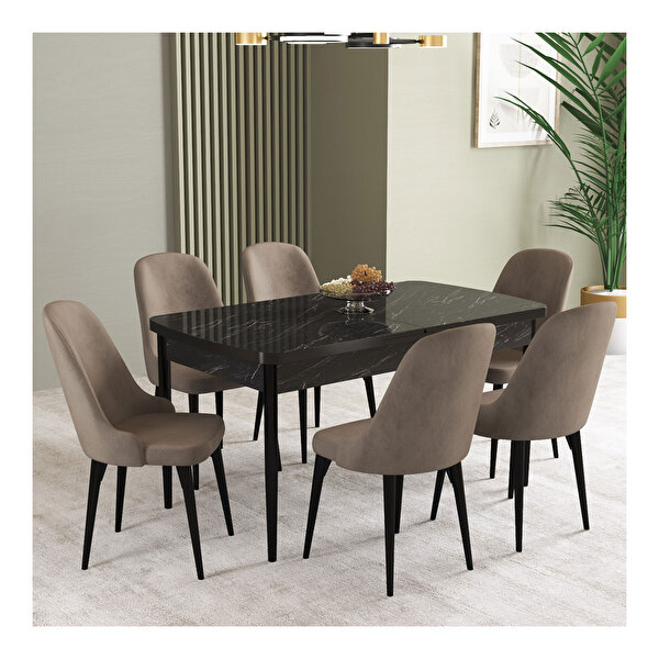 Hoopsii İkon Siyah Mermer Desen 80x132 Mdf Açılabilir Mutfak Masası Takımı 6 Adet Sandalye Cappuccino