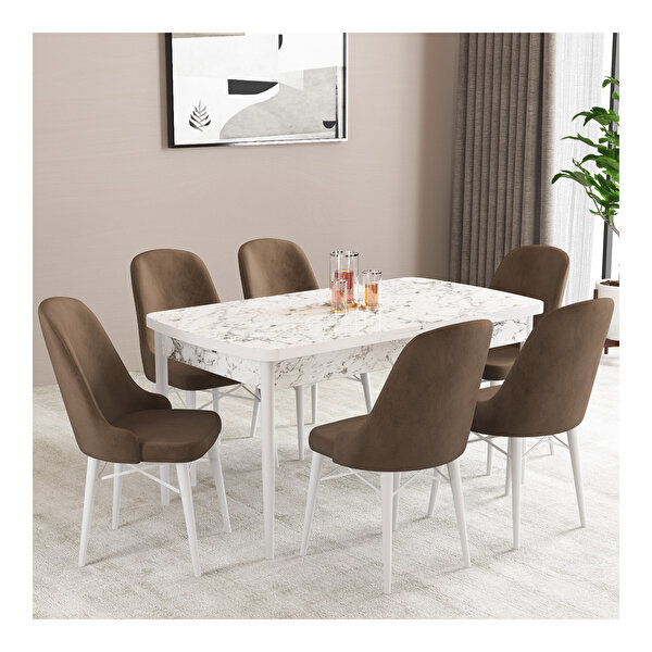 Hoopsii Ella Beyaz Mermer Desen 80x132 Mdf Açılabilir Mutfak Masası Takımı 6 Adet Sandalye Kahve