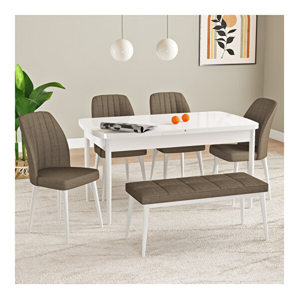 Hoopsii Laris Beyaz 80x132 Mdf Açılabilir Mutfak Masası Takımı 4 Sandalye 1 Bench Kahve