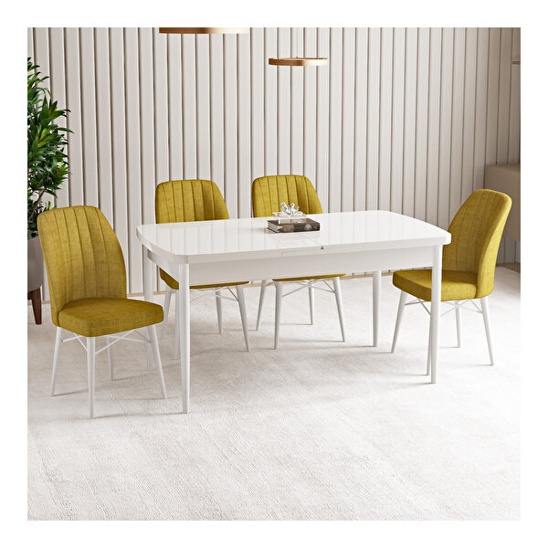 Hoopsii Vien Beyaz 80x132 Mdf Açılabilir Mutfak Masası Takımı 4 Adet Sandalye Hardal