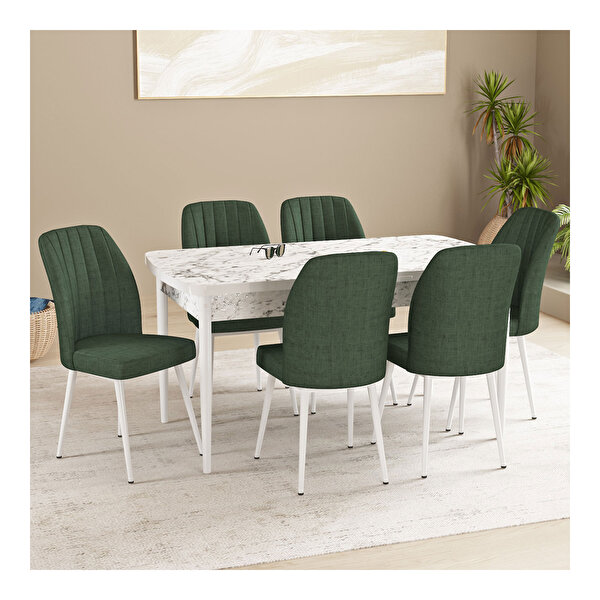 Hoopsii Daisy Beyaz Mermer Desen 70x114 Mdf Açılabilir Mutfak Masası Takımı 6 Adet Sandalye Haki