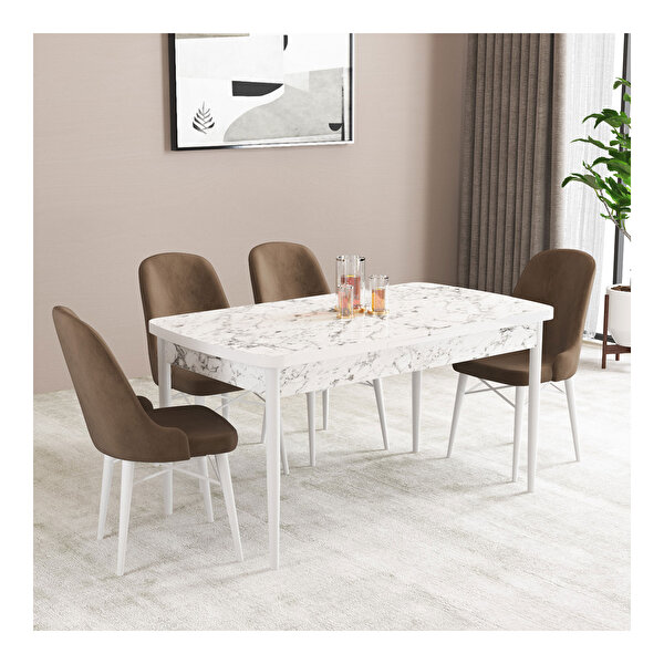 Hoopsii Elizya Beyaz Mermer Desen 70x114 Mdf Açılabilir Mutfak Masası Takımı 4 Adet Sandalye Kahve