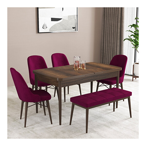 Hoopsii Ella Barok Desen 80x132 Mdf Açılabilir Mutfak Masası Takımı 4 Sandalye 1 Bench Mürdüm