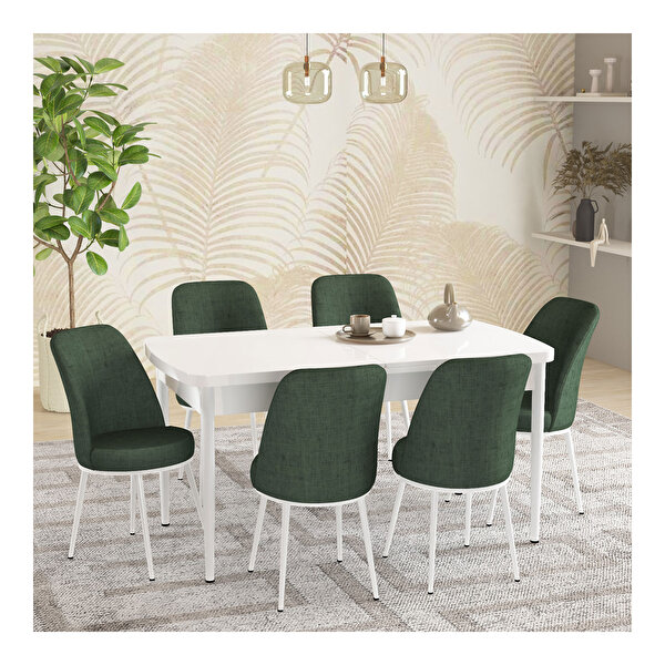 Hoopsii Fiona Beyaz 80x132 Mdf Açılabilir Mutfak Masası Takımı 6 Adet Sandalye Haki