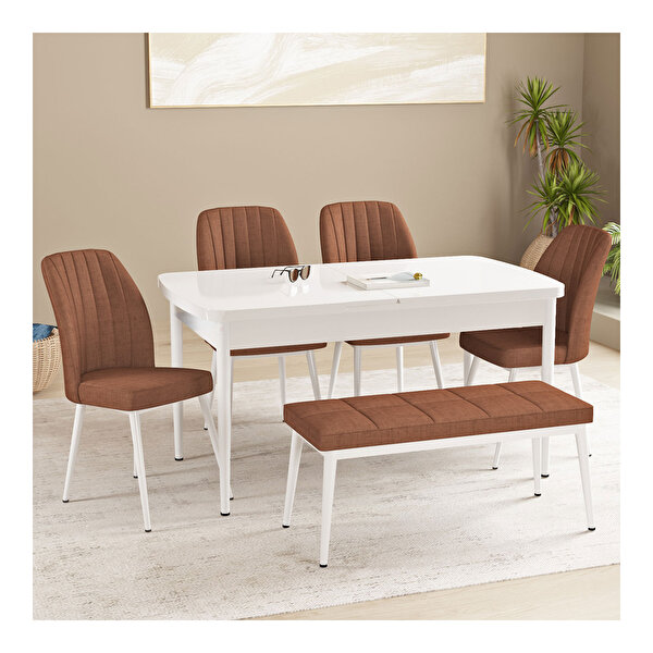 Hoopsii Floryn Beyaz 80x132 Mdf Açılabilir Mutfak Masası Takımı 4 Sandalye 1 Bench Kiremit