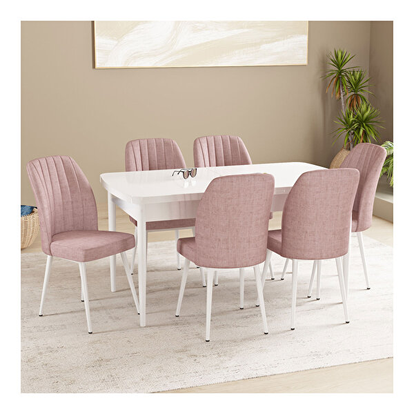 Hoopsii Floryn Beyaz 80x132 Mdf Açılabilir Mutfak Masası Takımı 6 Adet Sandalye Pembe