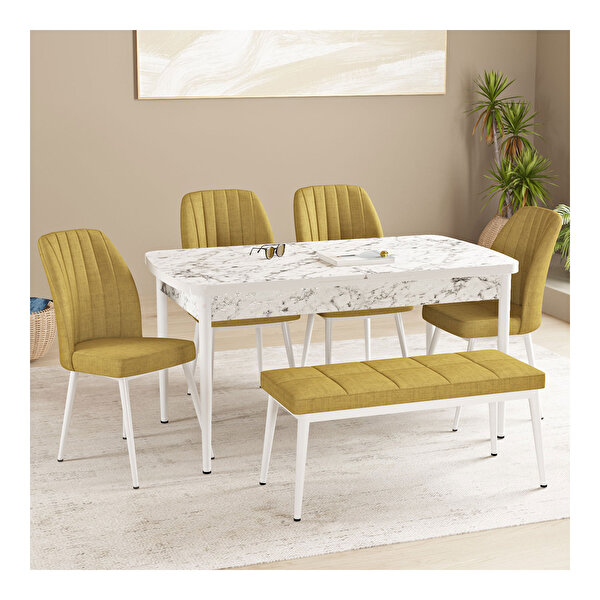Hoopsii Floryn Beyaz Mermer Desen 80x132 Mdf Açılabilir Mutfak Masası Takımı 4 Sandalye 1 Bench Hardal