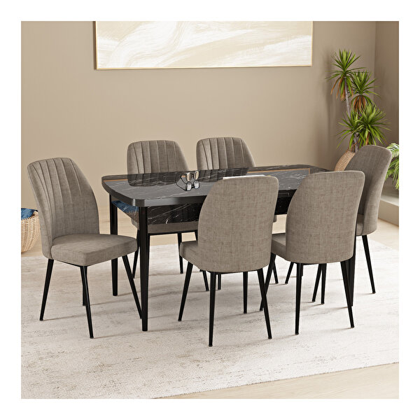 Hoopsii Floryn Siyah Mermer Desen 80x132 Mdf Açılabilir Mutfak Masası Takımı 6 Adet Sandalye Cappucino
