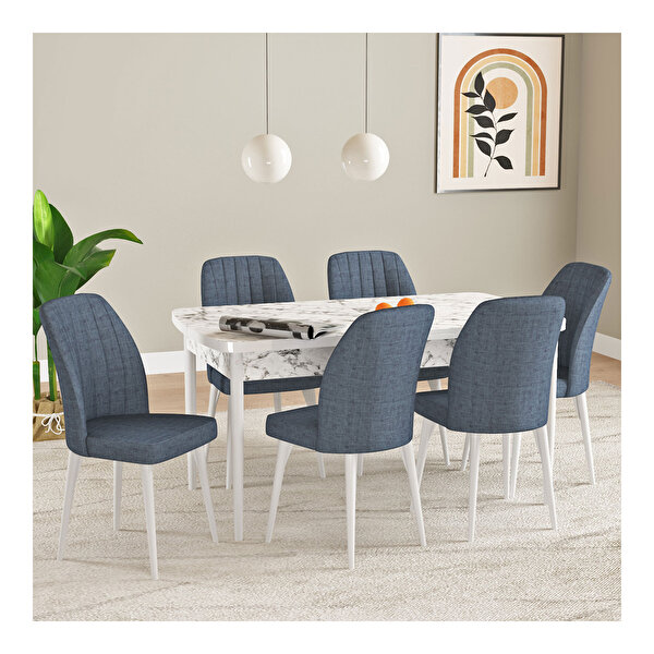Hoopsii Laris Beyaz Mermer Desen 80x132 Mdf Açılabilir Mutfak Masası Takımı 6 Adet Sandalye Antrasit
