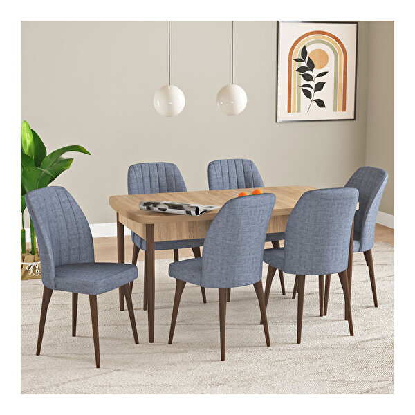 Hoopsii Laris Meşe Desen 80x132 Mdf Açılabilir Mutfak Masası Takımı 6 Adet Sandalye Füme