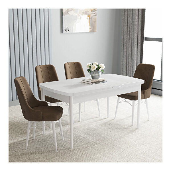 Hoopsii Loft Beyaz 80x132 Mdf Açılabilir Mutfak Masası Takımı 4 Adet Sandalye Kahve