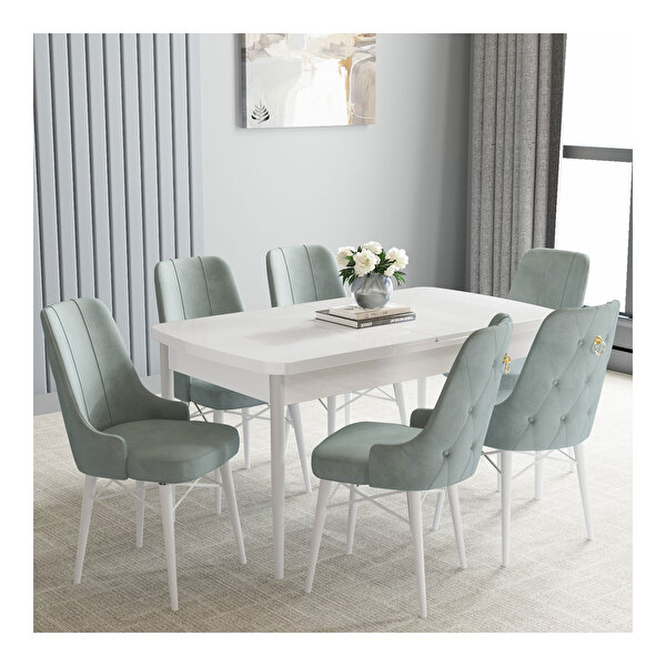 Hoopsii Loft Beyaz 80x132 Mdf Açılabilir Mutfak Masası Takımı 6 Adet Sandalye Su Yeşili
