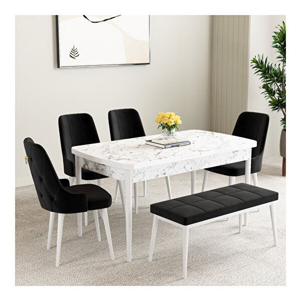 Hoopsii Mabel Beyaz Mermer Desen 80x132 Mdf Açılabilir Mutfak Masası Takımı 4 Sandalye 1 Bench Siyah