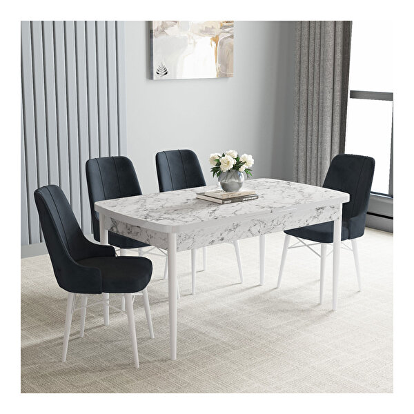 Hoopsii Mayer Beyaz Mermer Desen 70x114 Mdf Açılabilir Mutfak Masası Takımı 4 Adet Sandalye Antrasit